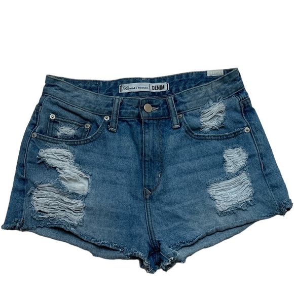Lovers + Friends Denim “Jack” Shorts Distressed Raw Hem Color “Westerly” Cotton - Picture 6 of 7